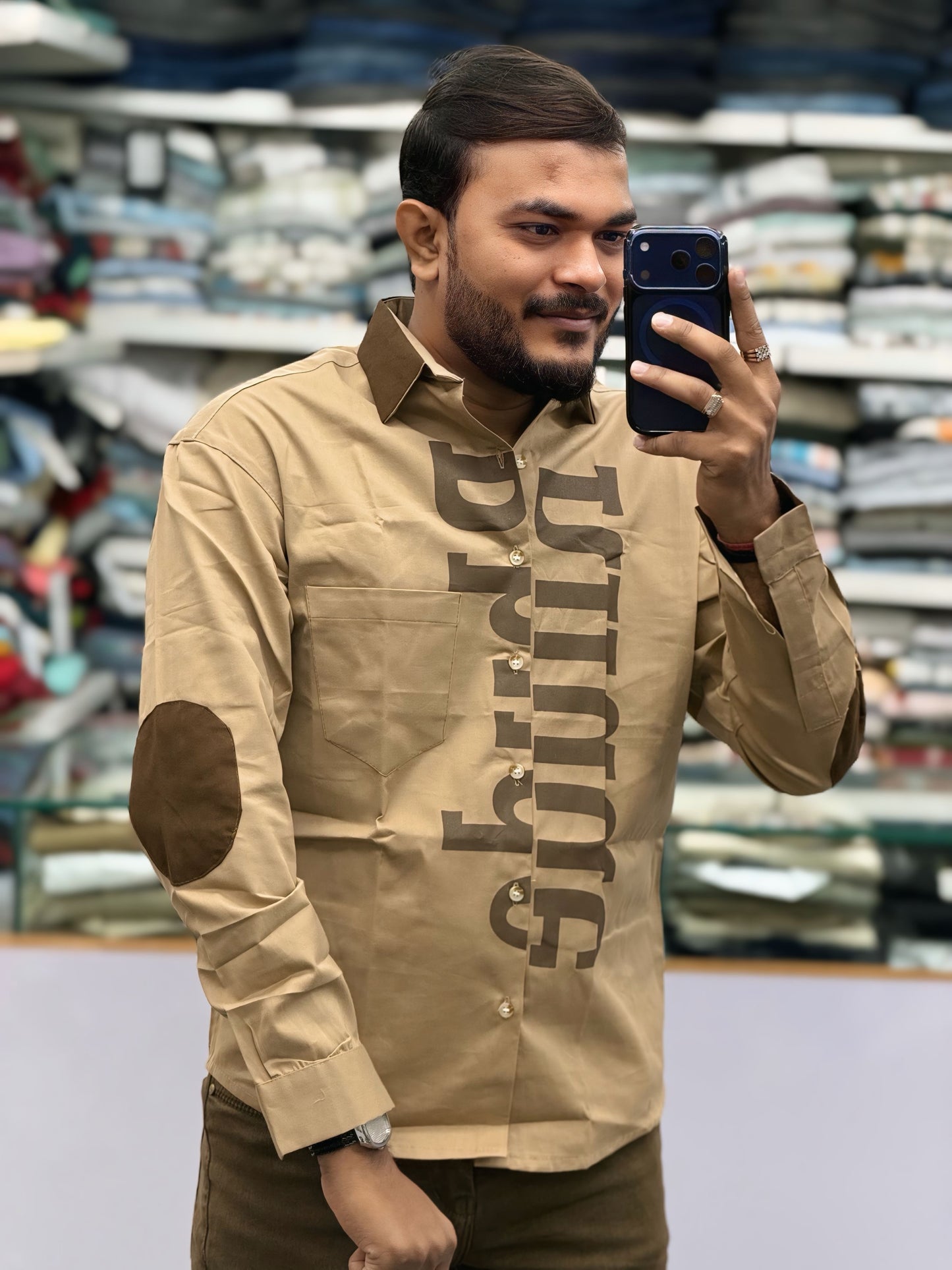 Men’s Khaki Casual Cotton Shirt with Bold Typography Print – Trendy Street Style Designer Shirt