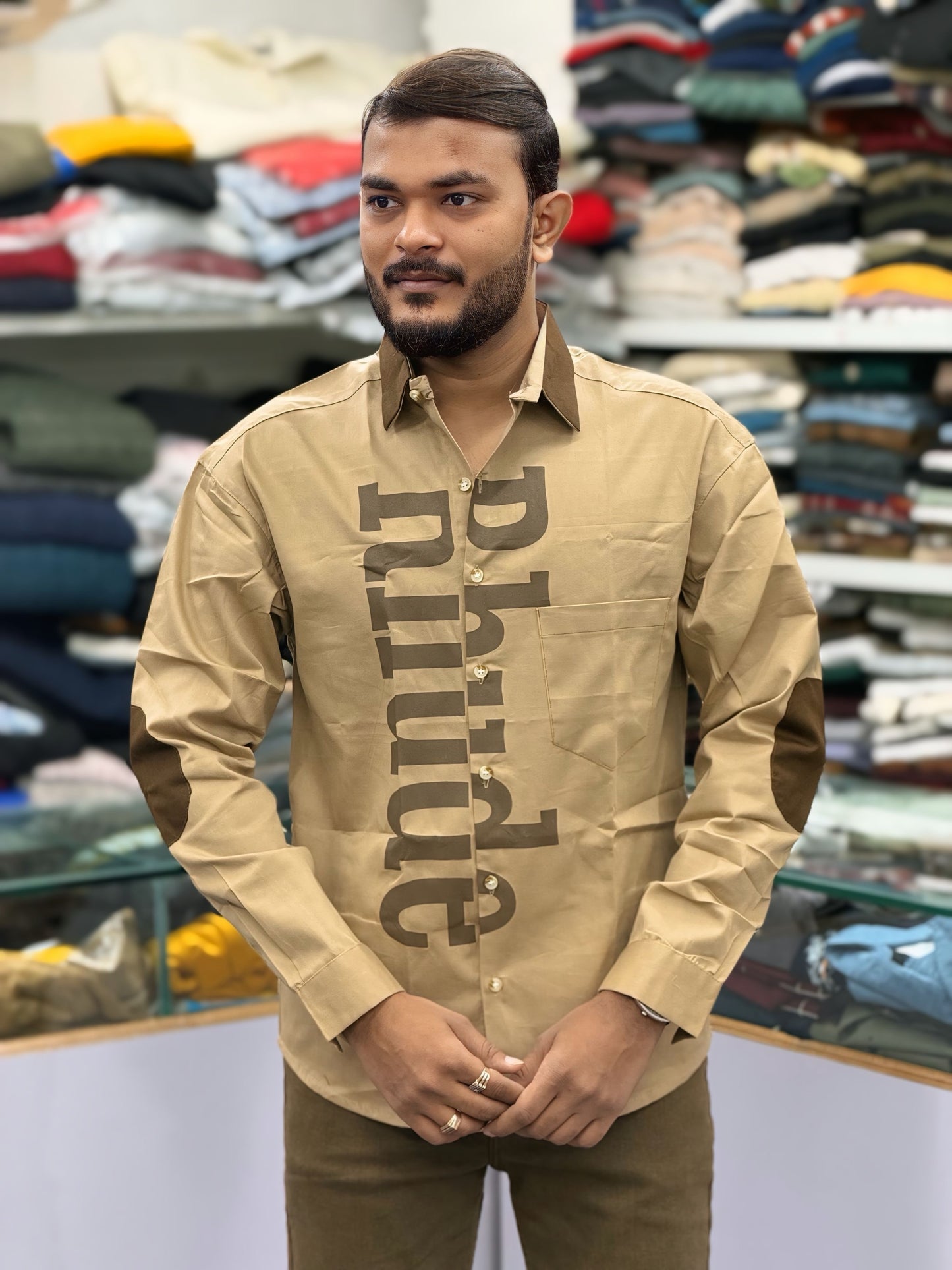 Men’s Khaki Casual Cotton Shirt with Bold Typography Print – Trendy Street Style Designer Shirt