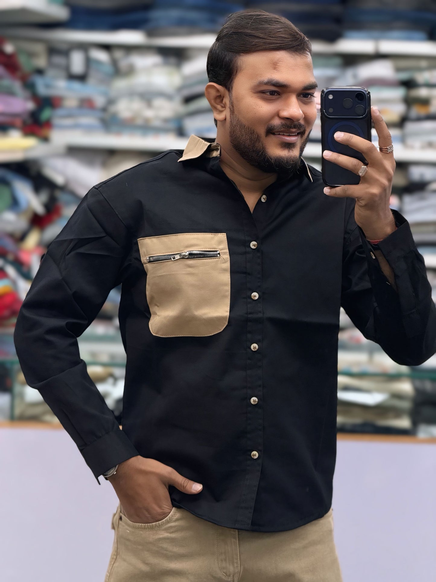 Men’s Black Casual Cotton Shirt with Beige Contrast Zipper Pocket – Stylish Designer Shirt