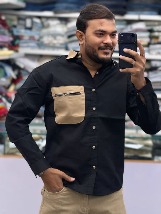 Men’s Black Casual Cotton Shirt with Beige Contrast Zipper Pocket – Stylish Designer Shirt