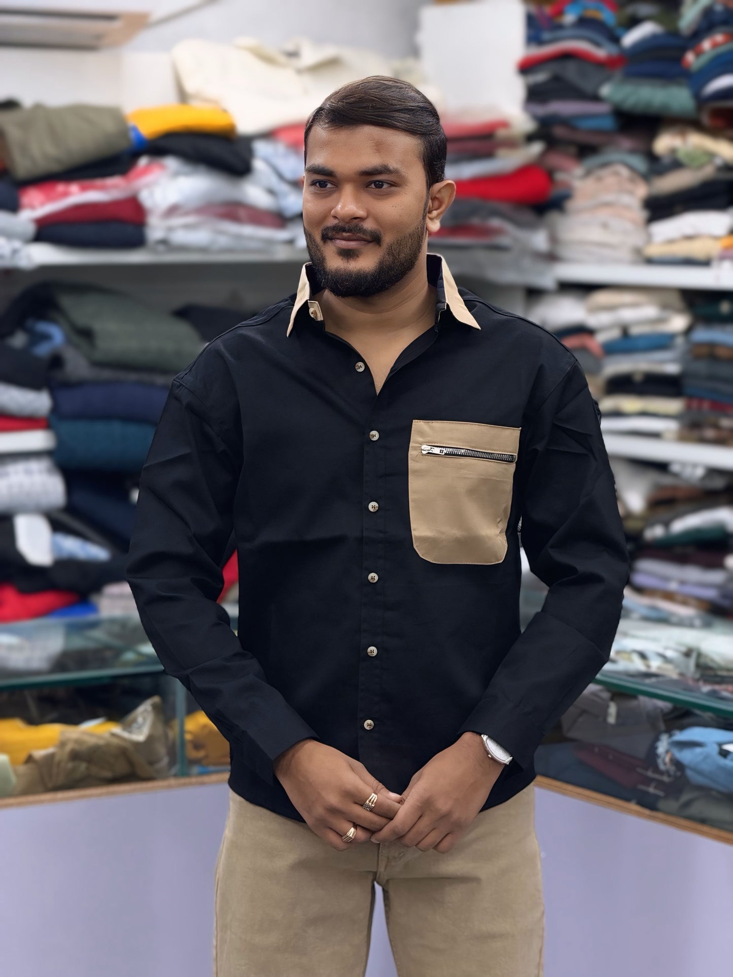 Men’s Black Casual Cotton Shirt with Beige Contrast Zipper Pocket – Stylish Designer Shirt