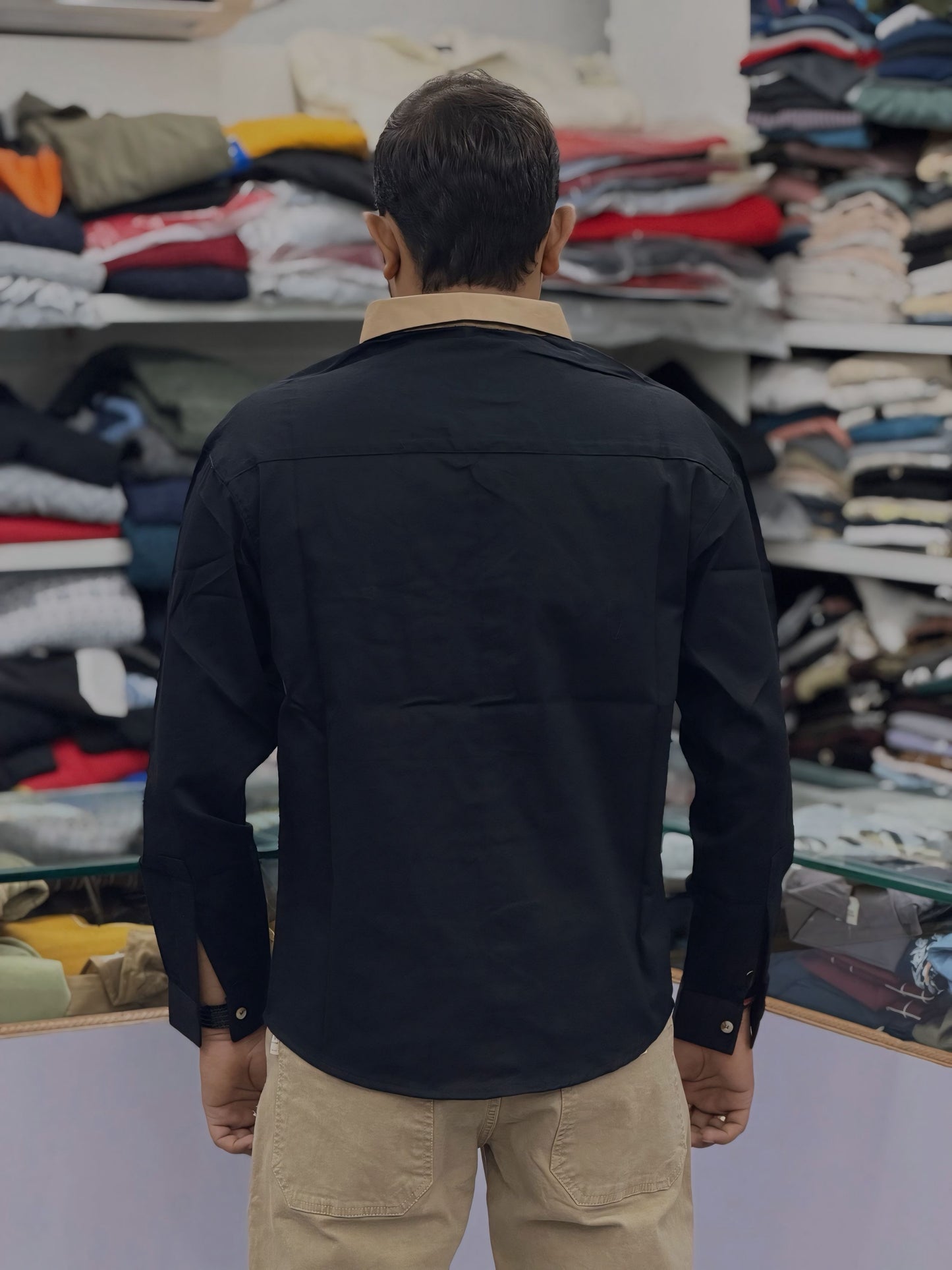 Men’s Black Casual Cotton Shirt with Beige Contrast Zipper Pocket – Stylish Designer Shirt
