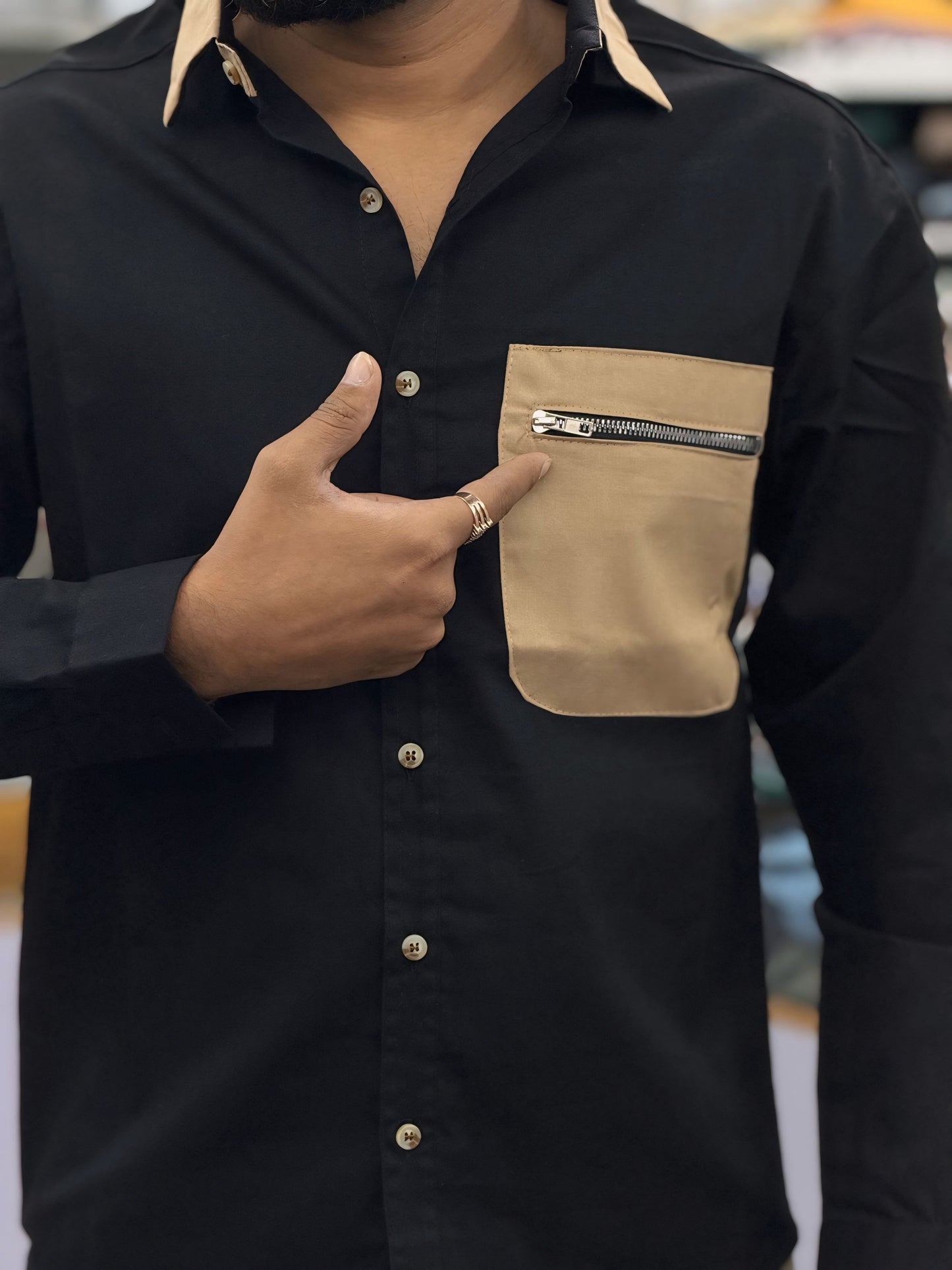 Men’s Black Casual Cotton Shirt with Beige Contrast Zipper Pocket – Stylish Designer Shirt