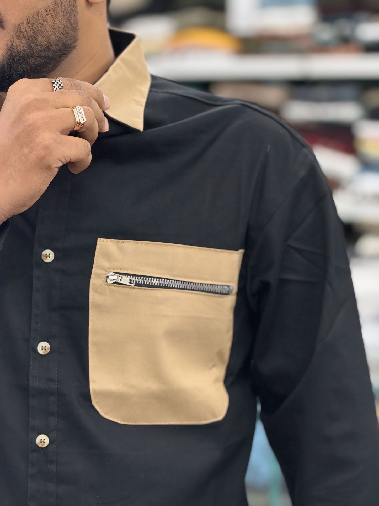 Men’s Black Casual Cotton Shirt with Beige Contrast Zipper Pocket – Stylish Designer Shirt
