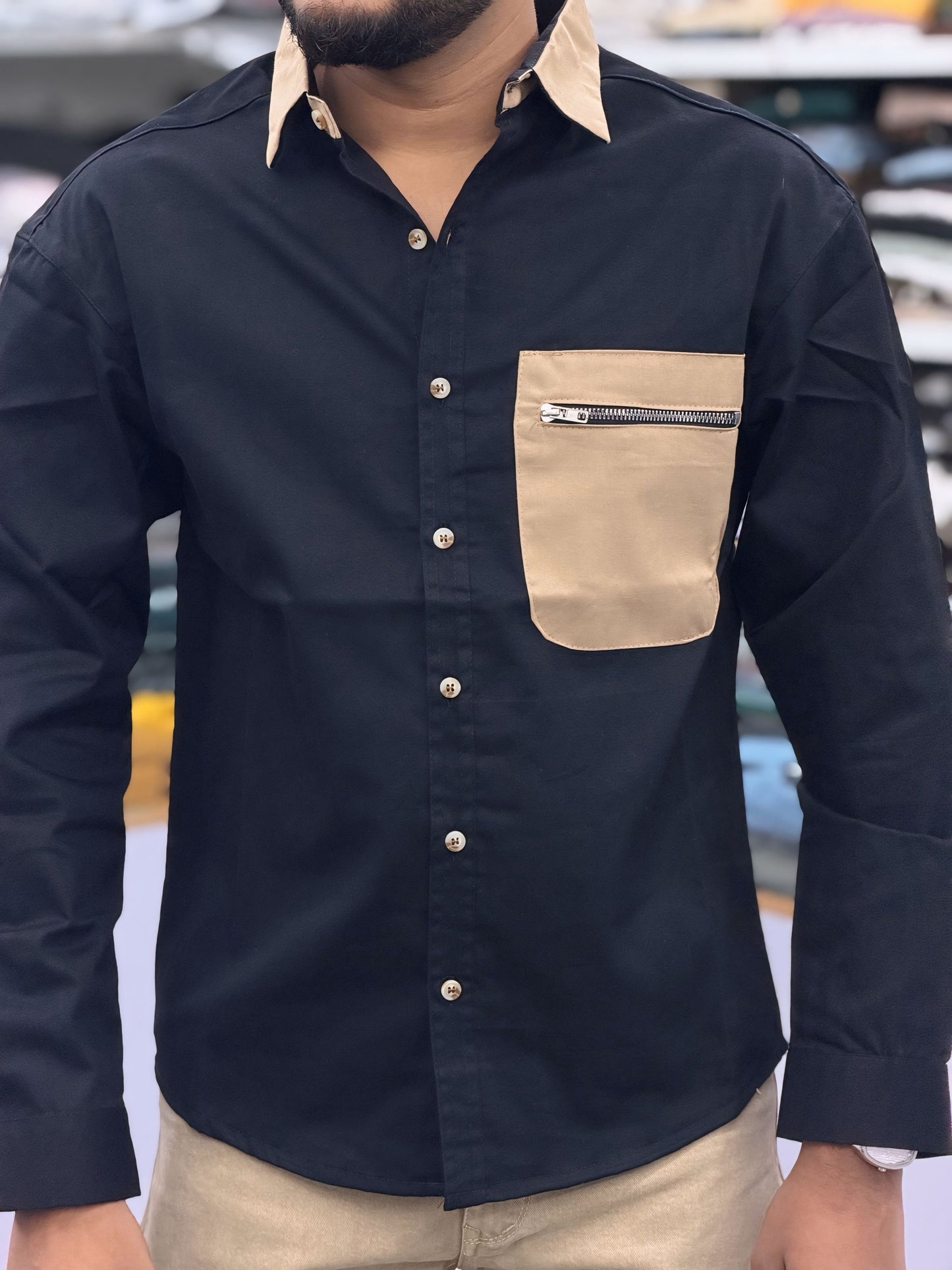 Men’s Black Casual Cotton Shirt with Beige Contrast Zipper Pocket – Stylish Designer Shirt