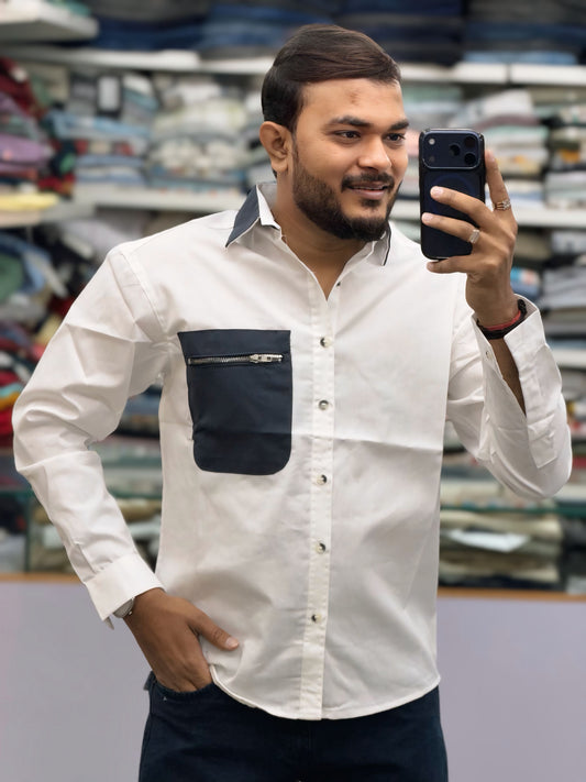 Men’s White Cotton Casual Shirt with Black Zipper Pocket – Modern Designer Shirt