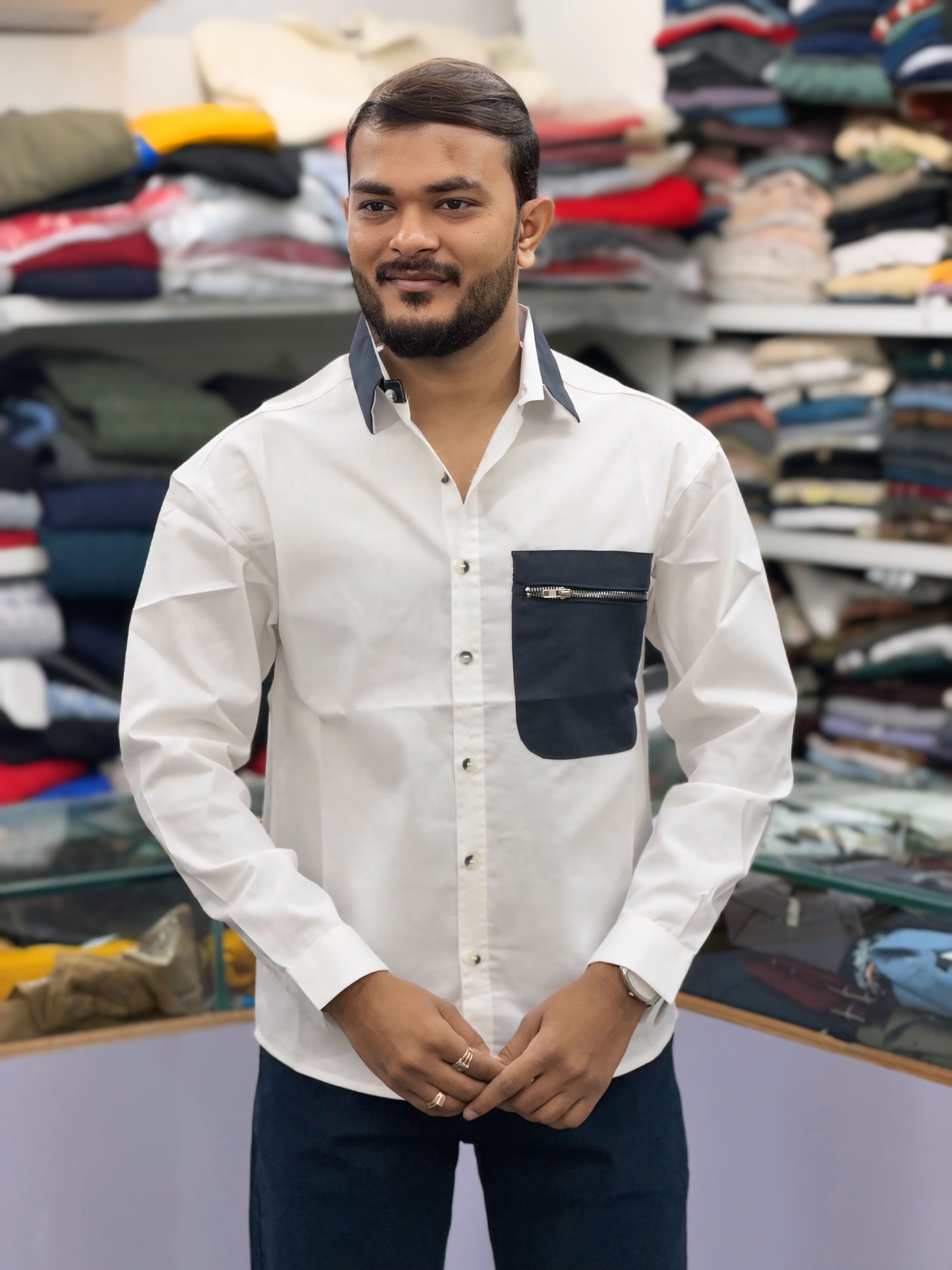 Men’s White Cotton Casual Shirt with Black Zipper Pocket – Modern Designer Shirt