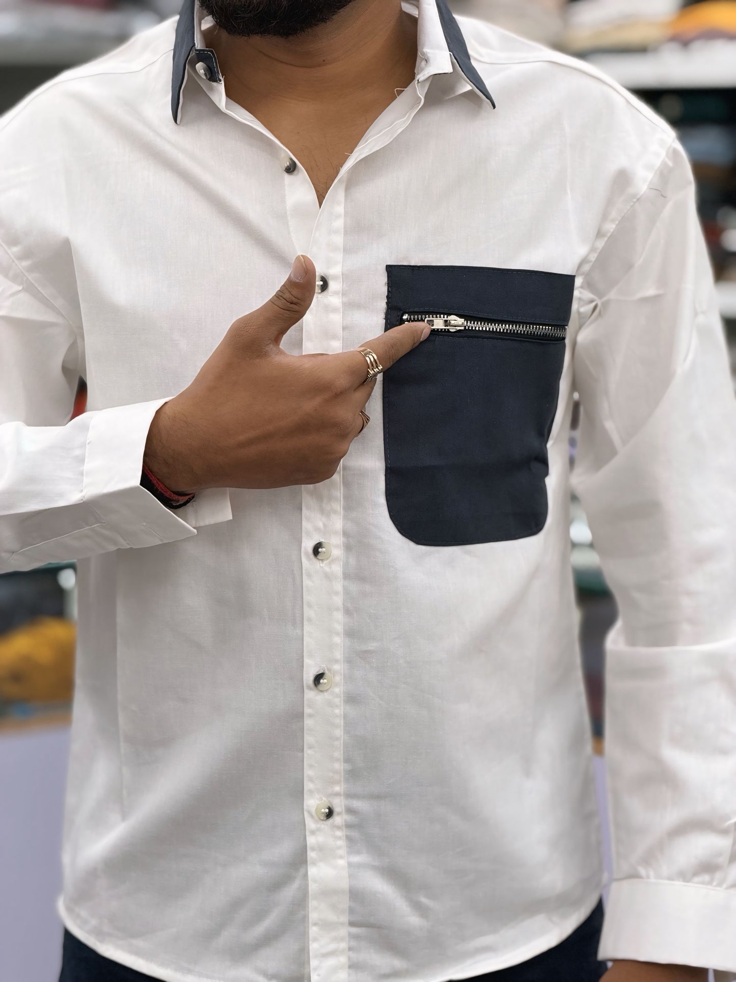 Men’s White Cotton Casual Shirt with Black Zipper Pocket – Modern Designer Shirt
