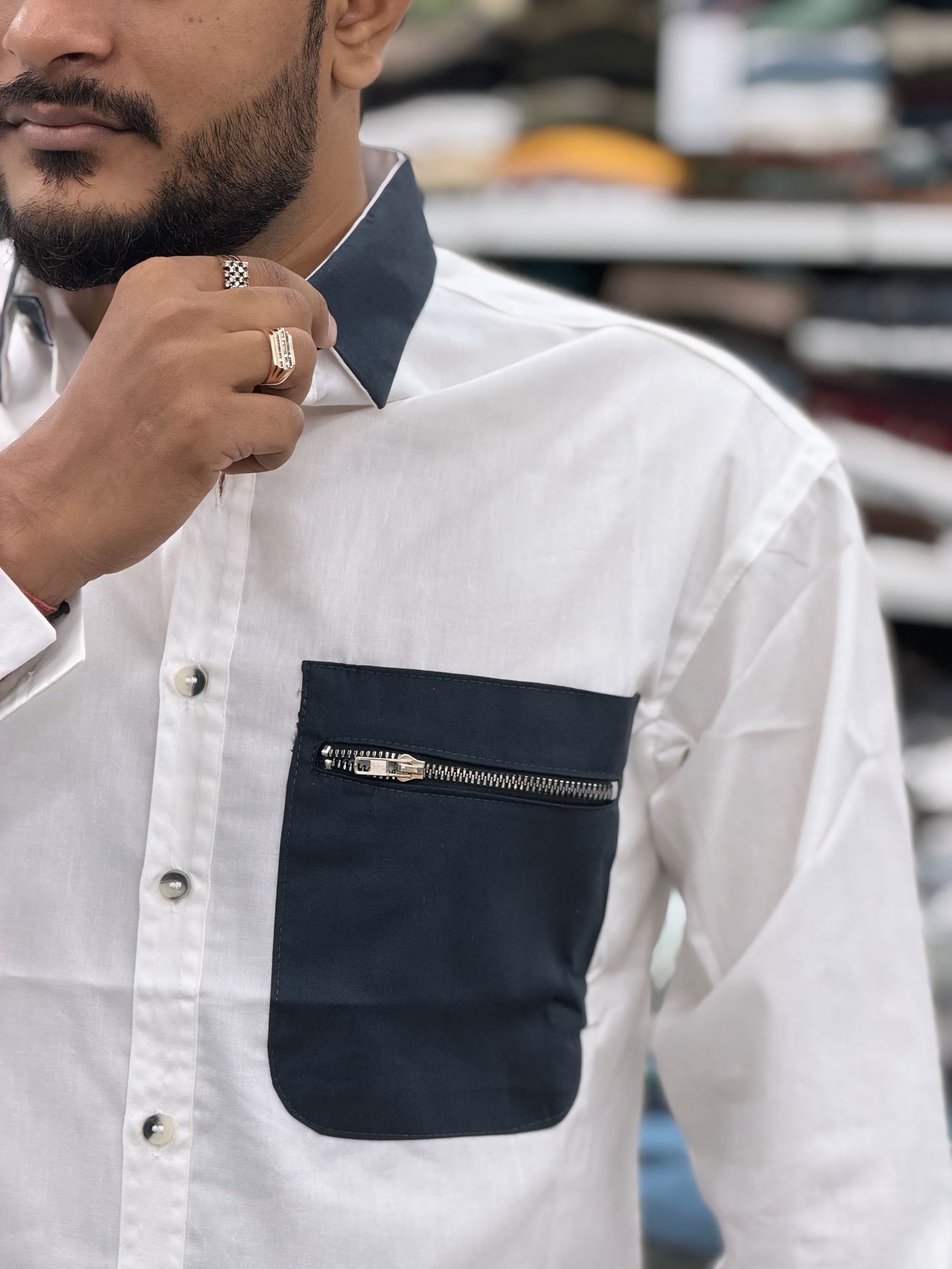 Men’s White Cotton Casual Shirt with Black Zipper Pocket – Modern Designer Shirt