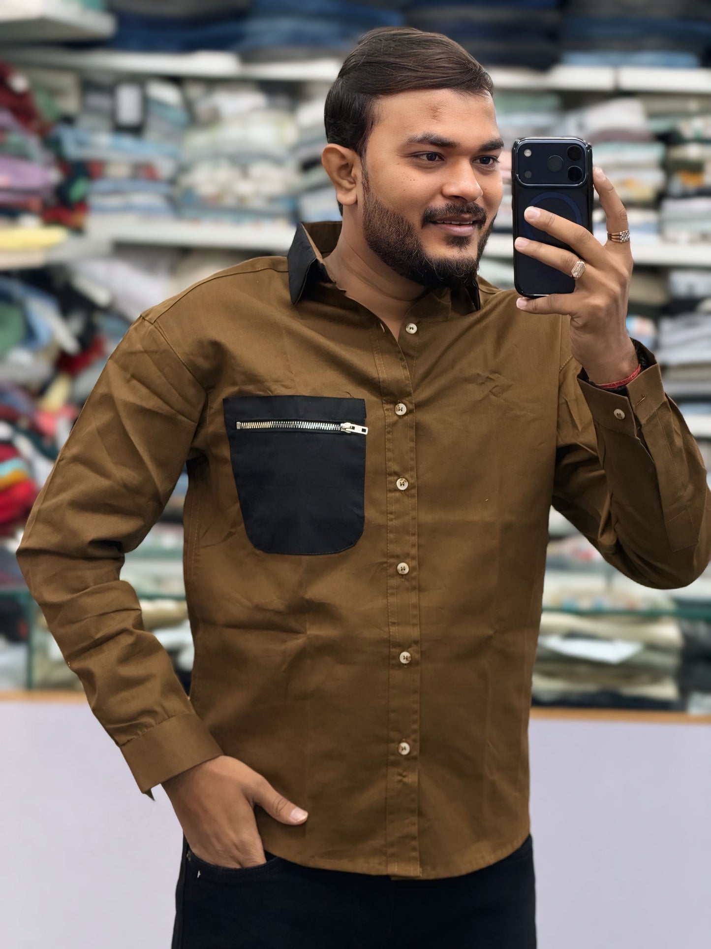 Men’s Brown Casual Cotton Shirt with Black Zipper Pocket – Stylish Designer Shirt