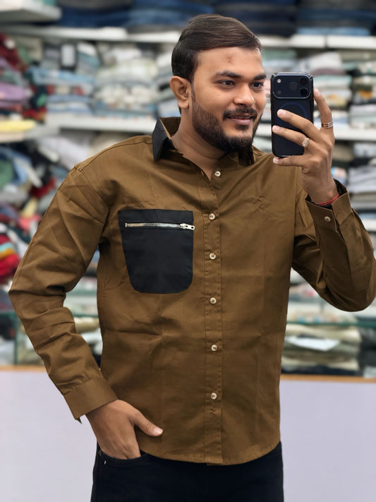 Men’s Brown Casual Cotton Shirt with Black Zipper Pocket – Stylish Designer Shirt