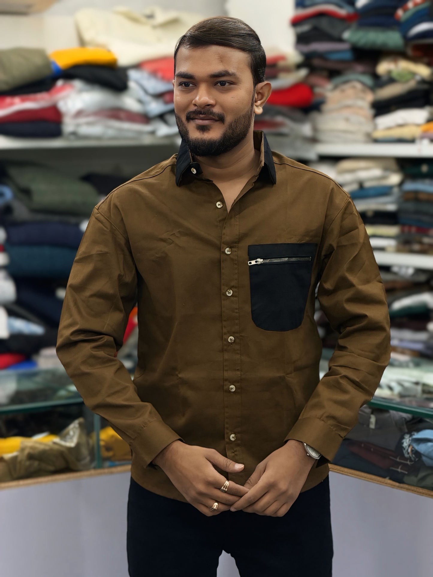 Men’s Brown Casual Cotton Shirt with Black Zipper Pocket – Stylish Designer Shirt