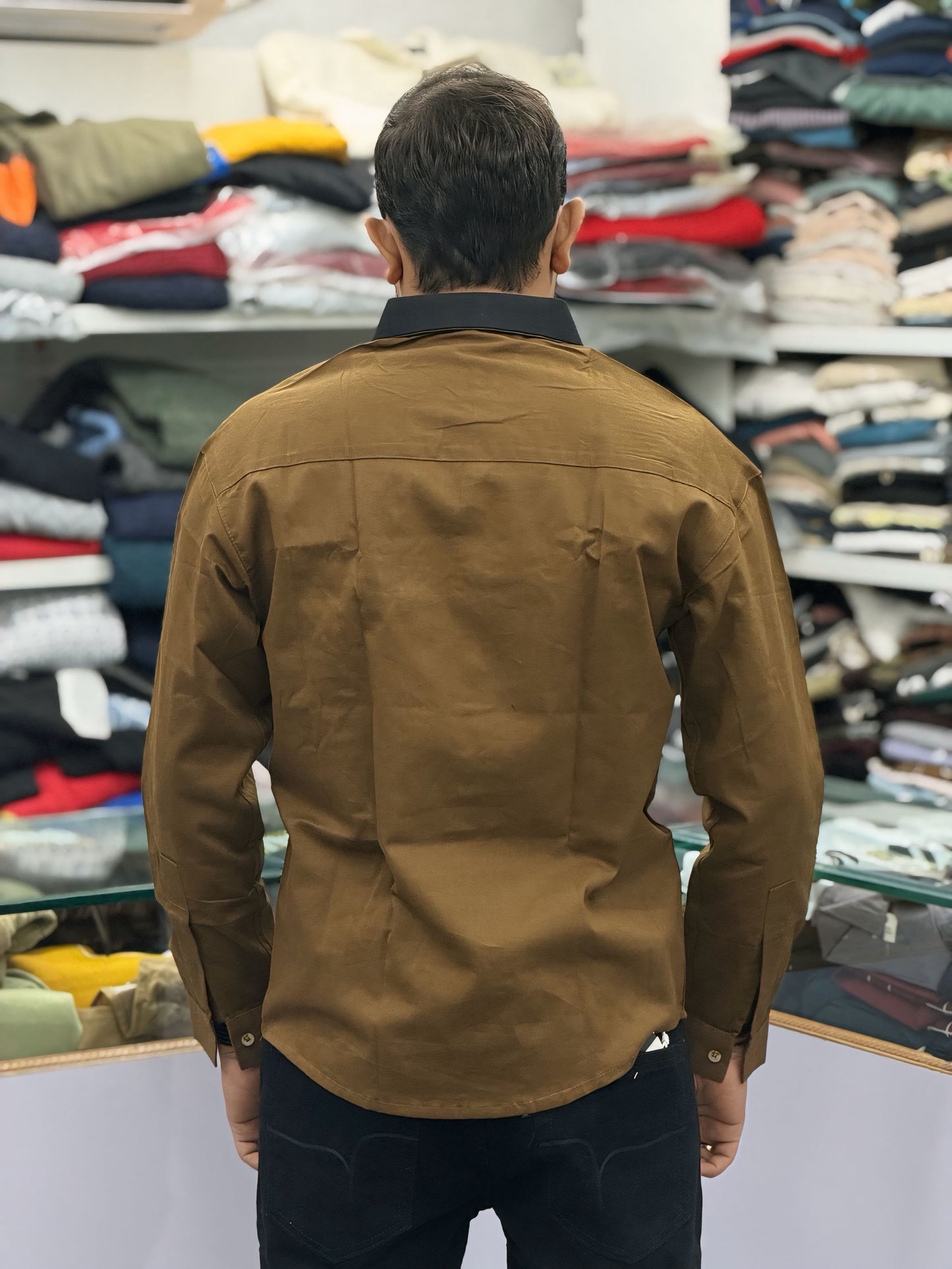 Men’s Brown Casual Cotton Shirt with Black Zipper Pocket – Stylish Designer Shirt