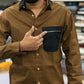 Men’s Brown Casual Cotton Shirt with Black Zipper Pocket – Stylish Designer Shirt
