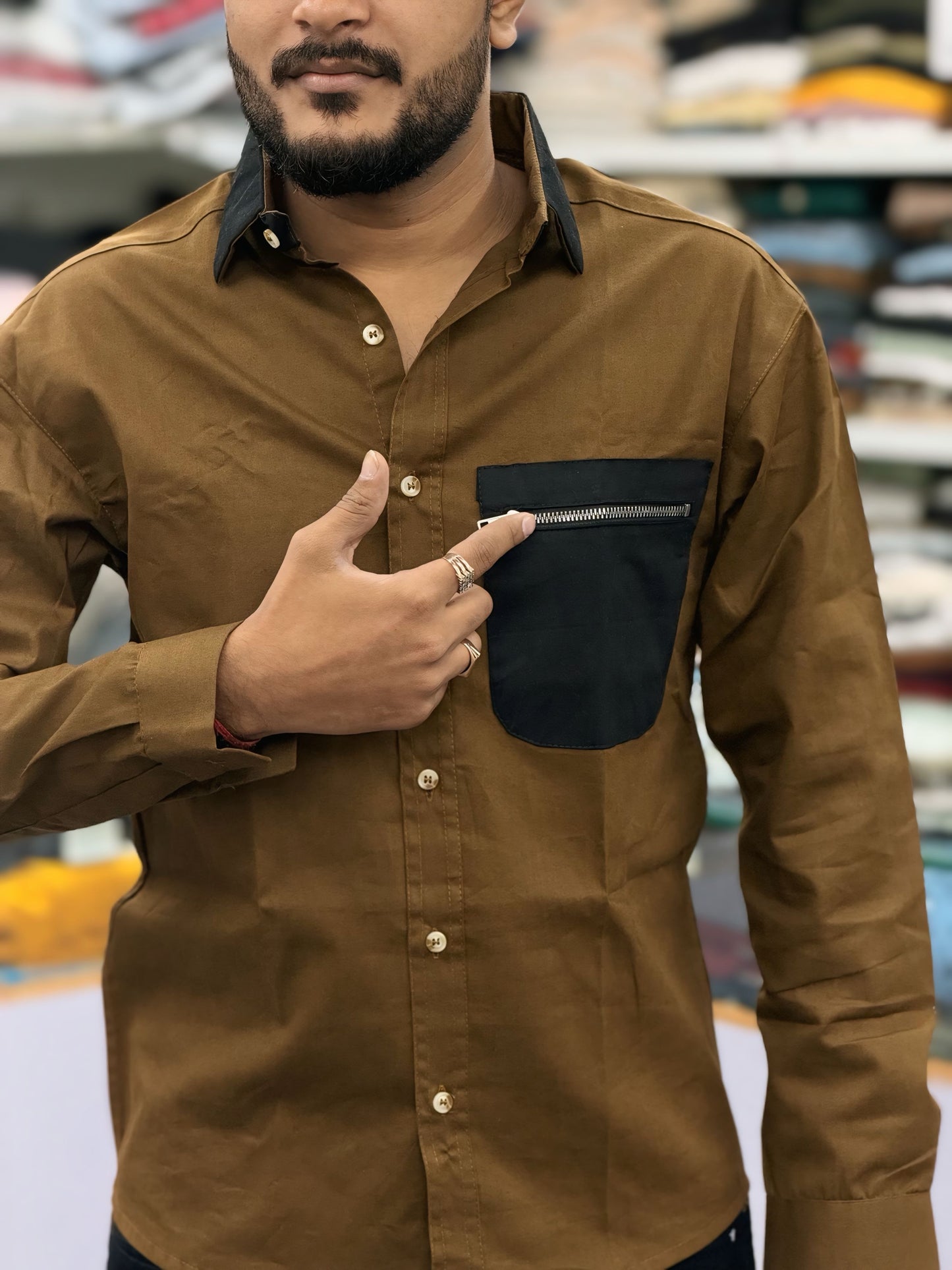 Men’s Brown Casual Cotton Shirt with Black Zipper Pocket – Stylish Designer Shirt