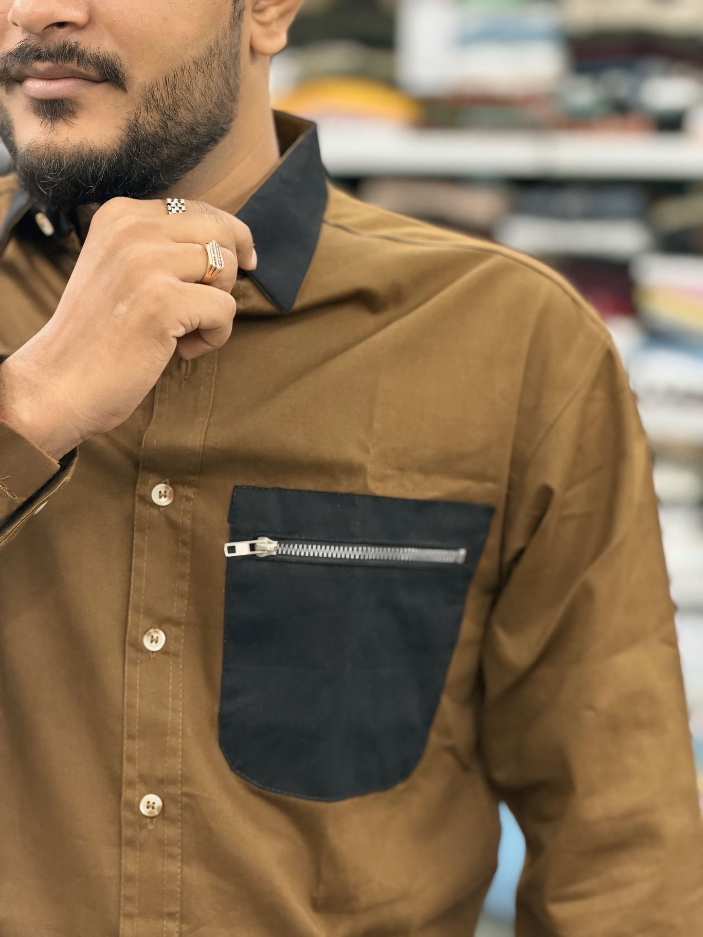 Men’s Brown Casual Cotton Shirt with Black Zipper Pocket – Stylish Designer Shirt
