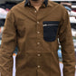 Men’s Brown Casual Cotton Shirt with Black Zipper Pocket – Stylish Designer Shirt