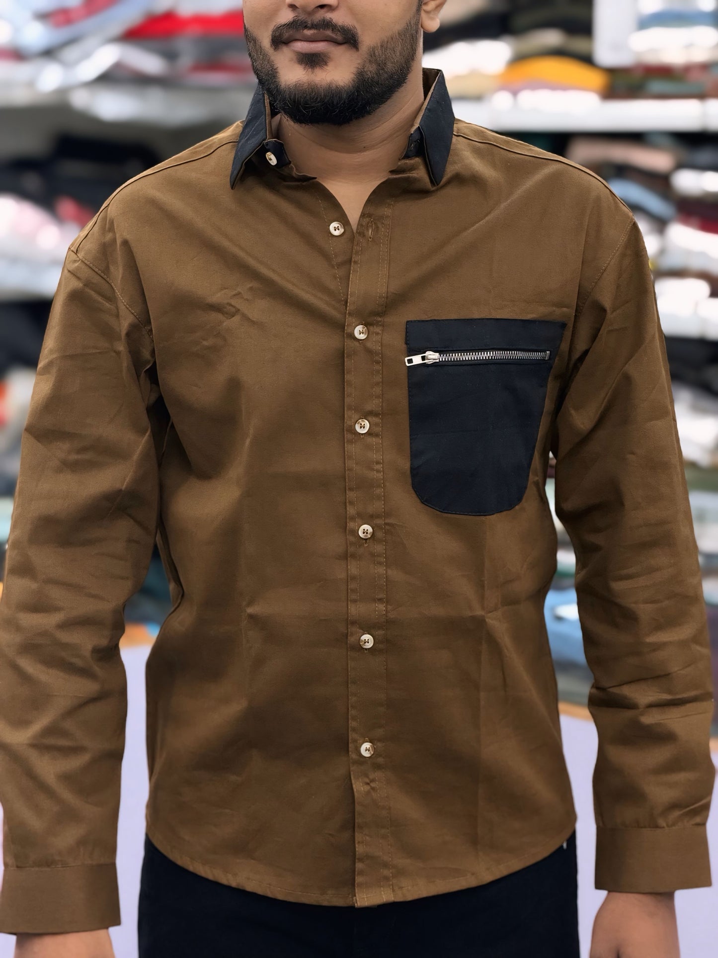 Men’s Brown Casual Cotton Shirt with Black Zipper Pocket – Stylish Designer Shirt