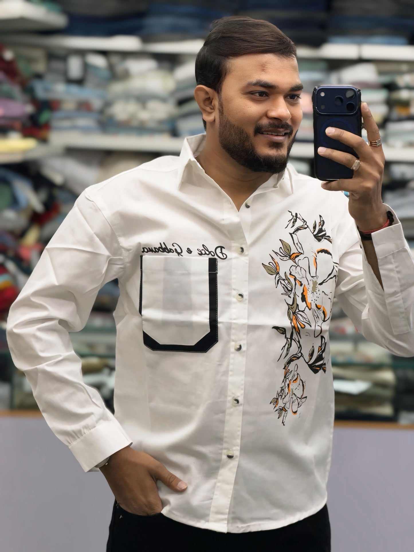 Men’s White Floral Graphic Print Shirt with Contrast Pocket – Stylish Casual Cotton Shirt