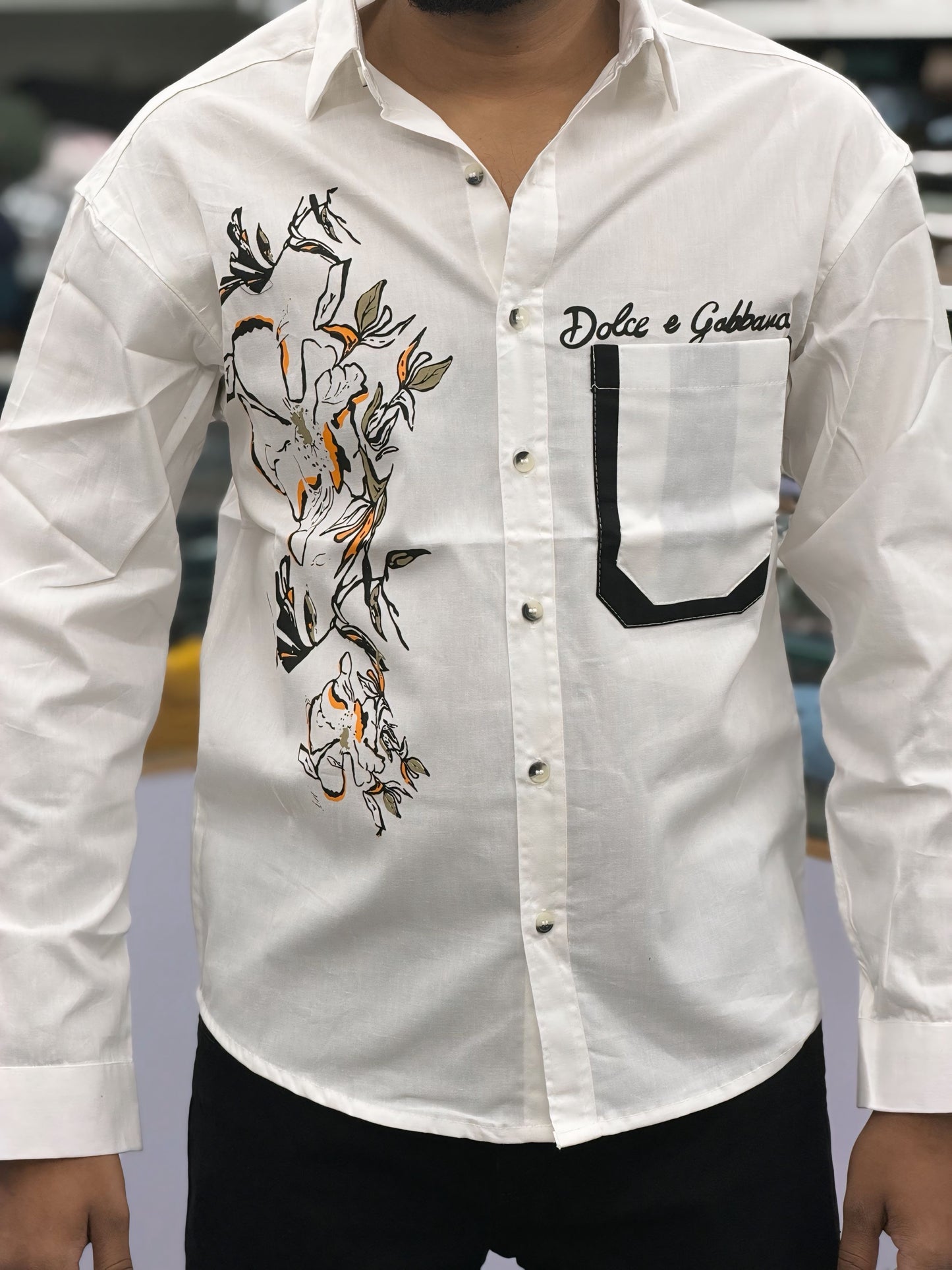 Men’s White Floral Graphic Print Shirt with Contrast Pocket – Stylish Casual Cotton Shirt