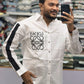 Men’s White Graphic Print Shirt with Black Sleeve Stripe – Stylish Street Style Cotton Shirt