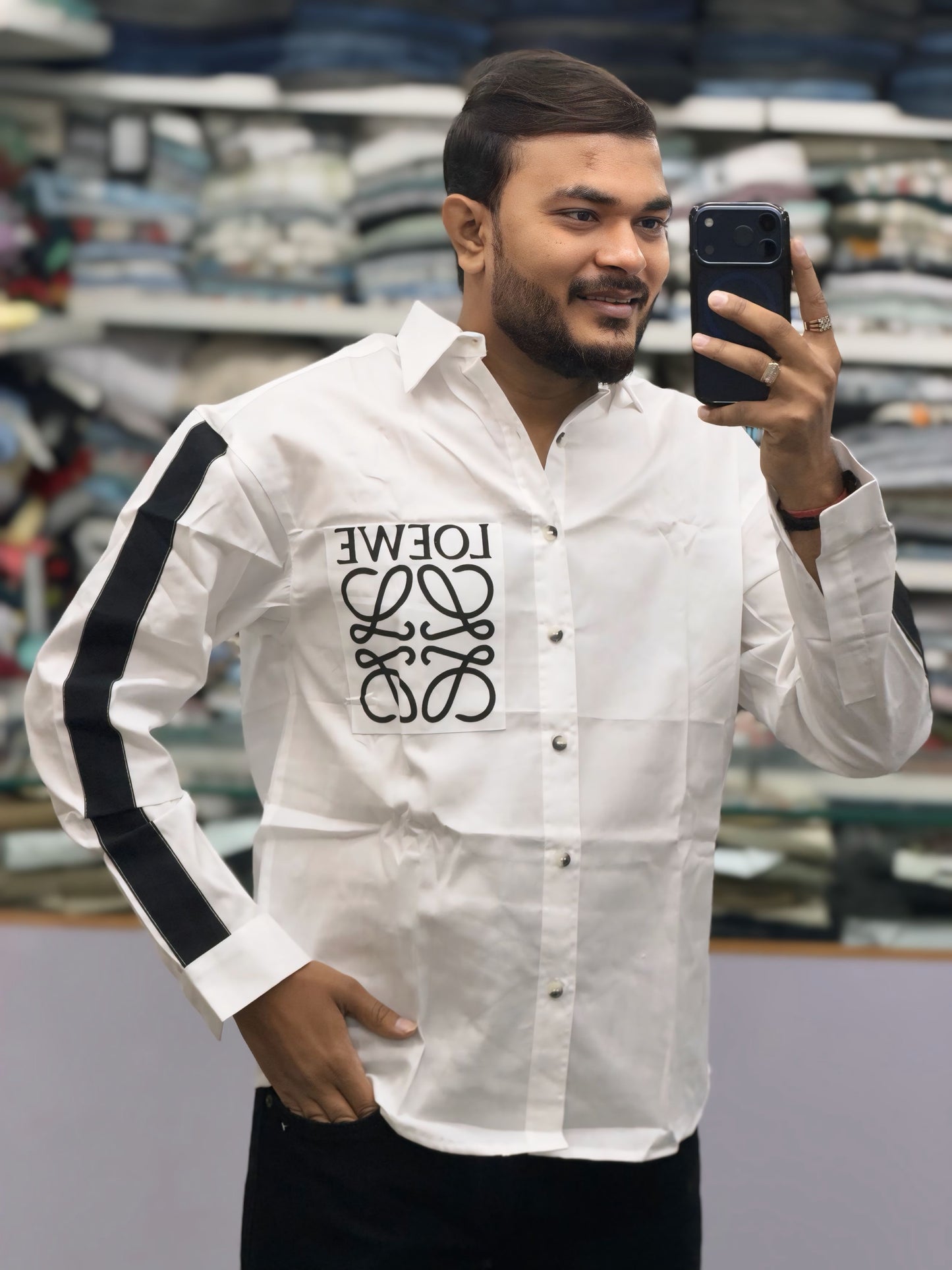 Men’s White Graphic Print Shirt with Black Sleeve Stripe – Stylish Street Style Cotton Shirt