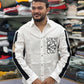 Men’s White Graphic Print Shirt with Black Sleeve Stripe – Stylish Street Style Cotton Shirt
