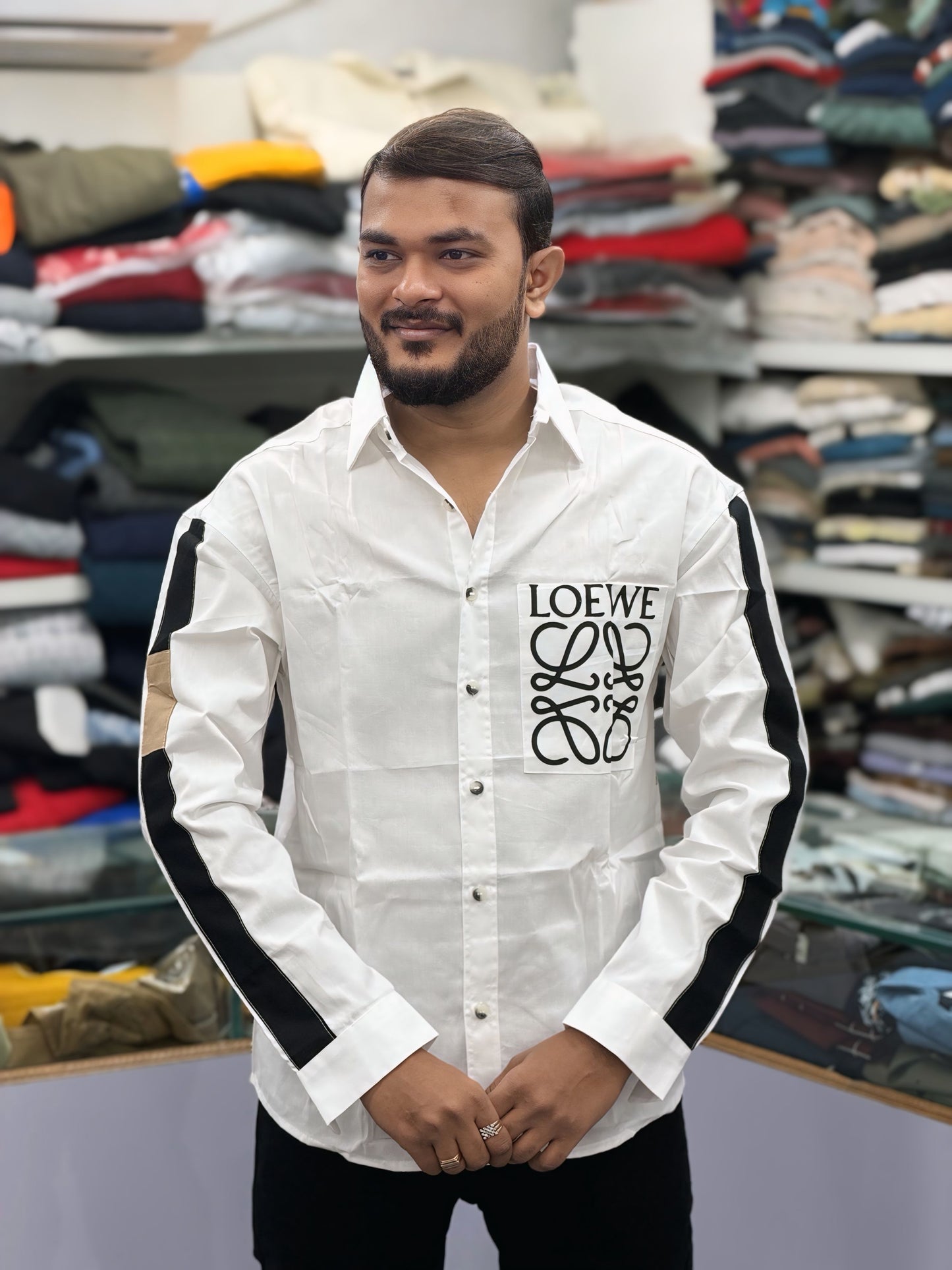 Men’s White Graphic Print Shirt with Black Sleeve Stripe – Stylish Street Style Cotton Shirt