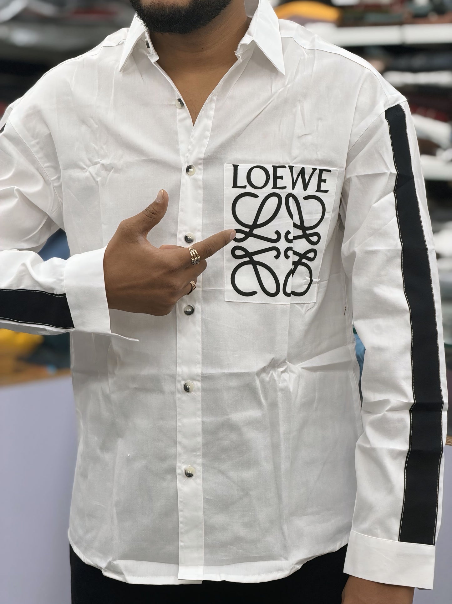 Men’s White Graphic Print Shirt with Black Sleeve Stripe – Stylish Street Style Cotton Shirt