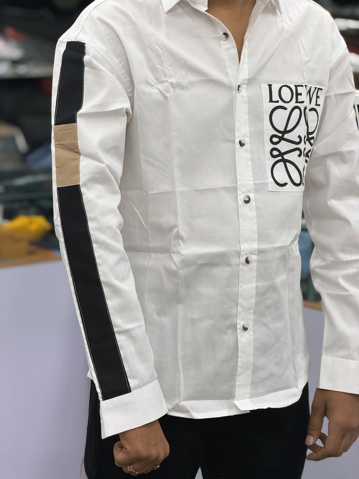 Men’s White Graphic Print Shirt with Black Sleeve Stripe – Stylish Street Style Cotton Shirt