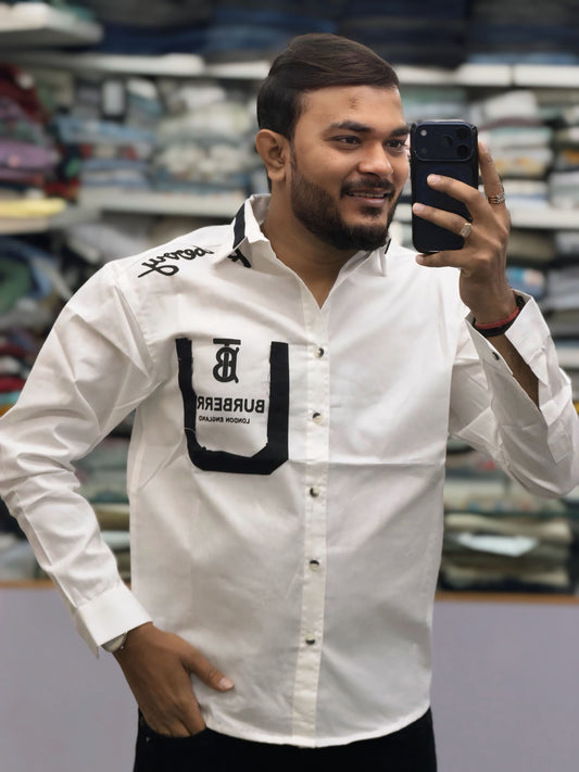 Men’s White Graphic Print Shirt with Contrast Pocket – Stylish Street Style Cotton Shirt