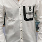 Men’s White Graphic Print Shirt with Contrast Pocket – Stylish Street Style Cotton Shirt