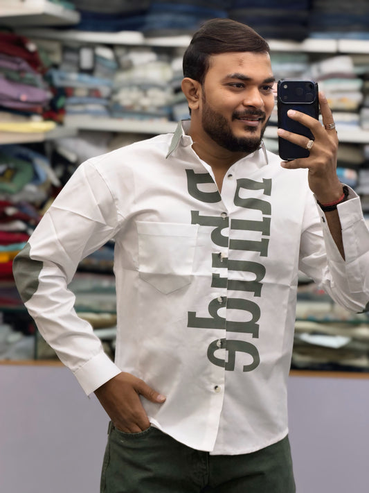 Men’s White Graphic Print Shirt with Typography Design – Stylish Street Style Cotton Shirt