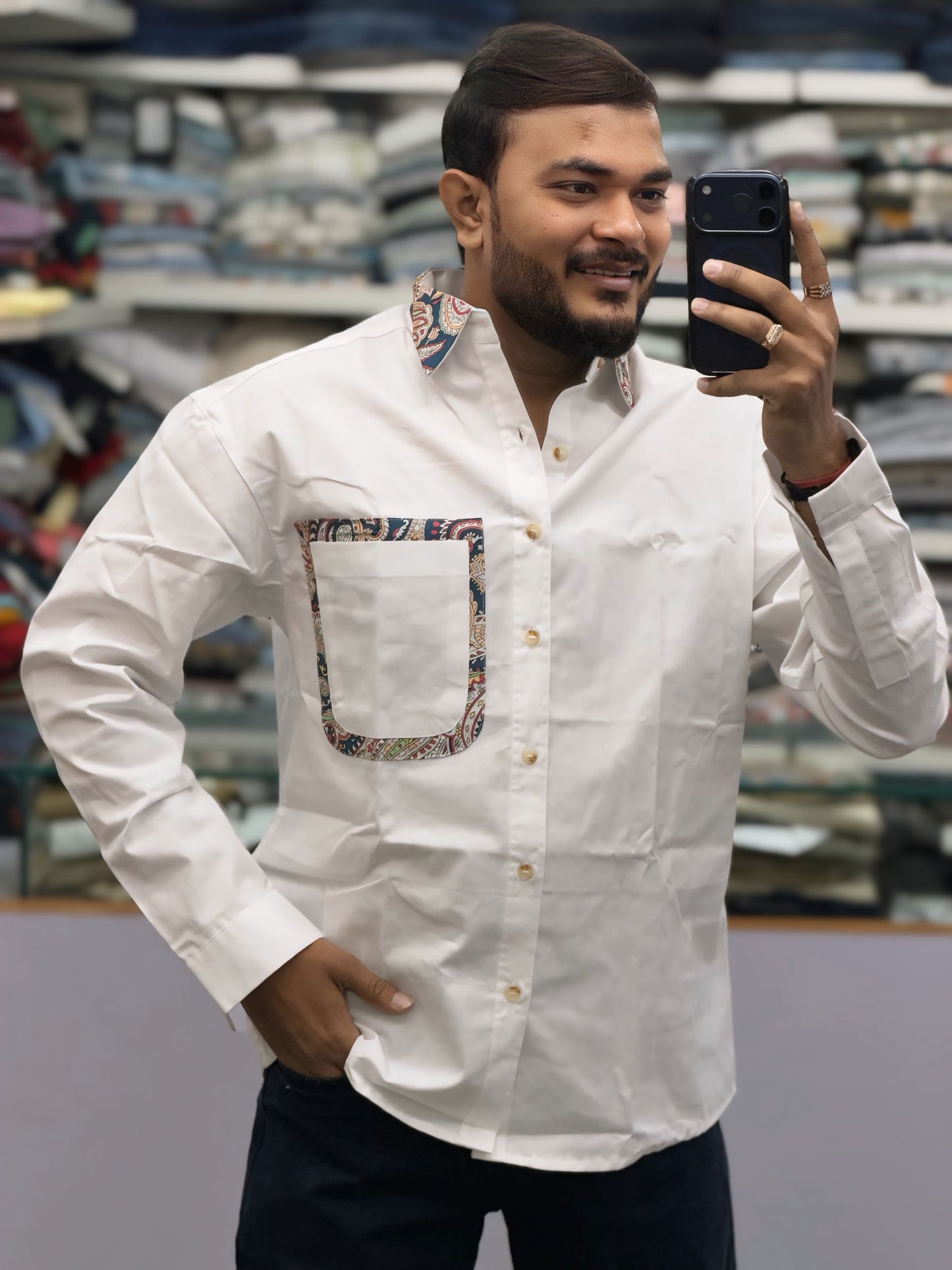 Men’s White Cotton Shirt with Paisley Contrast Pocket – Premium Stylish Casual Shirt