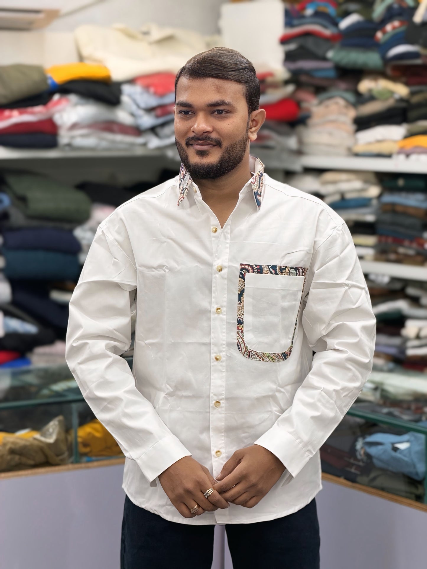 Men’s White Cotton Shirt with Paisley Contrast Pocket – Premium Stylish Casual Shirt