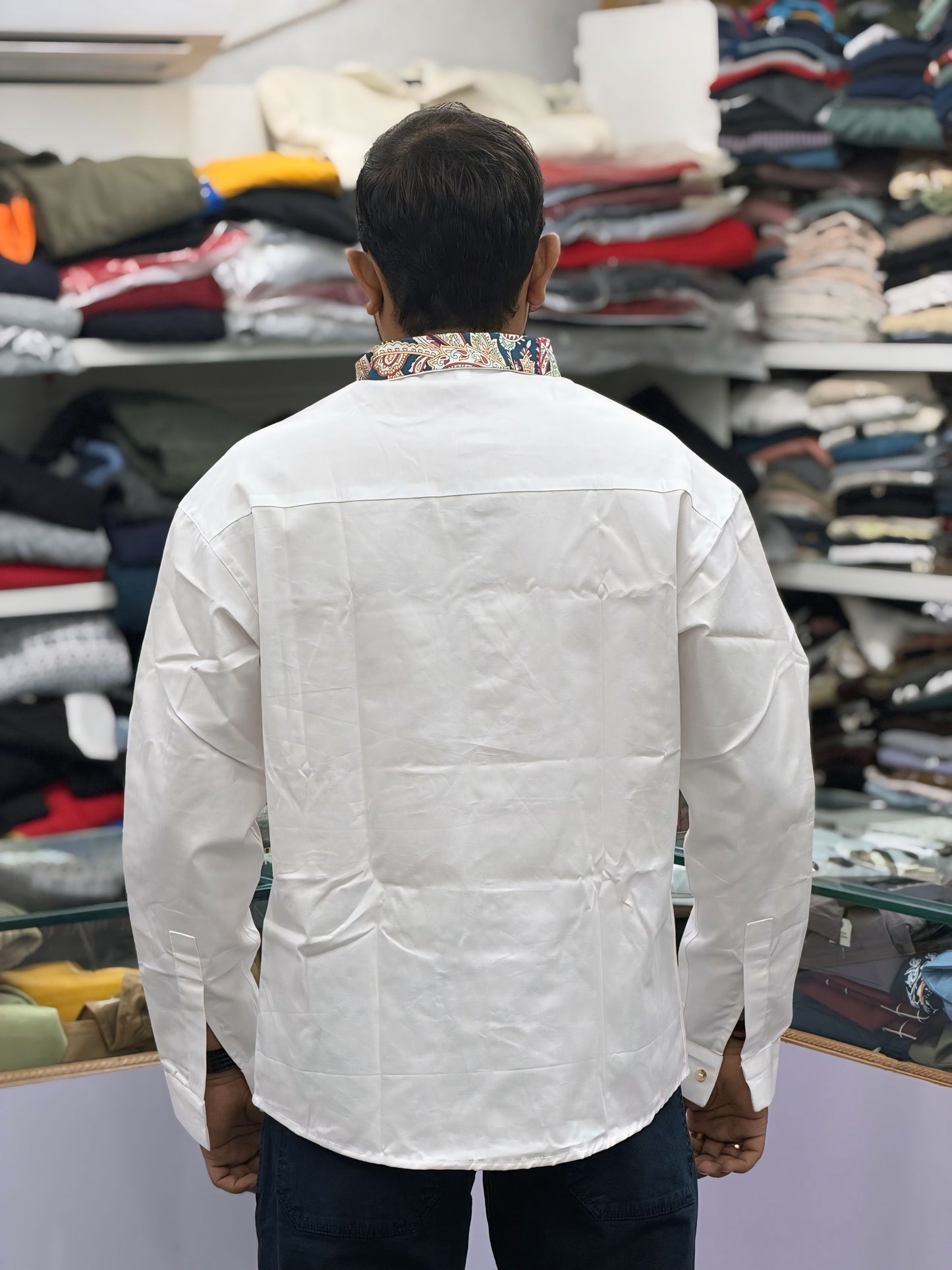 Men’s White Cotton Shirt with Paisley Contrast Pocket – Premium Stylish Casual Shirt