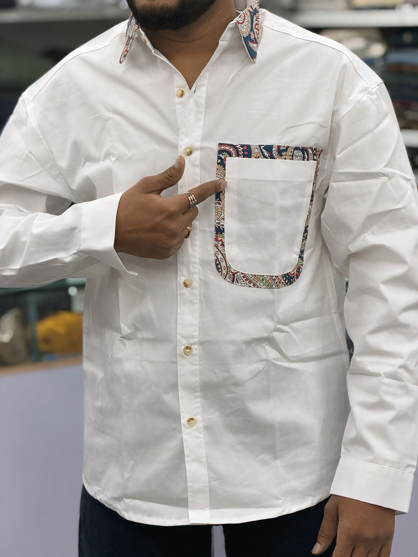 Men’s White Cotton Shirt with Paisley Contrast Pocket – Premium Stylish Casual Shirt