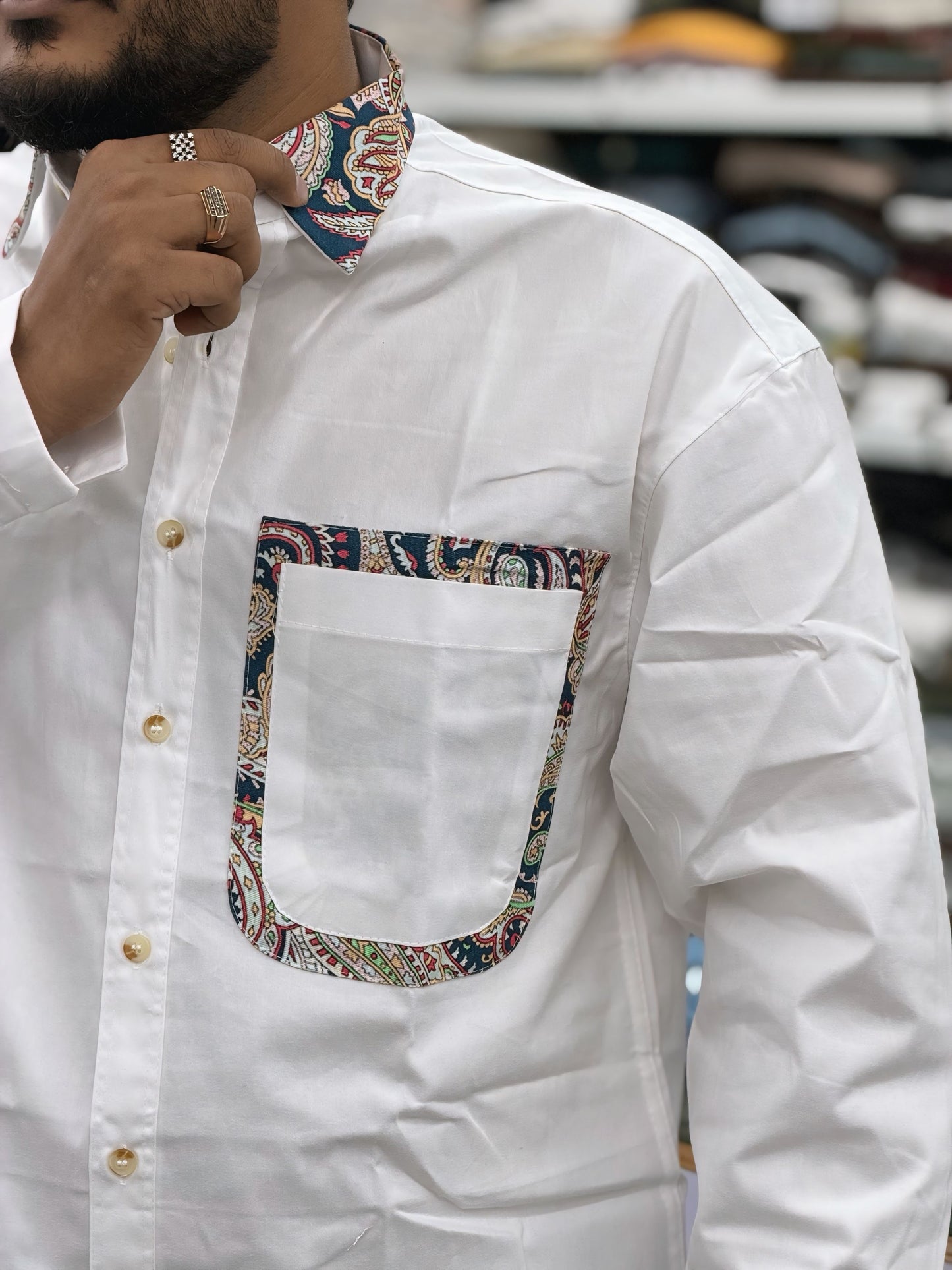 Men’s White Cotton Shirt with Paisley Contrast Pocket – Premium Stylish Casual Shirt