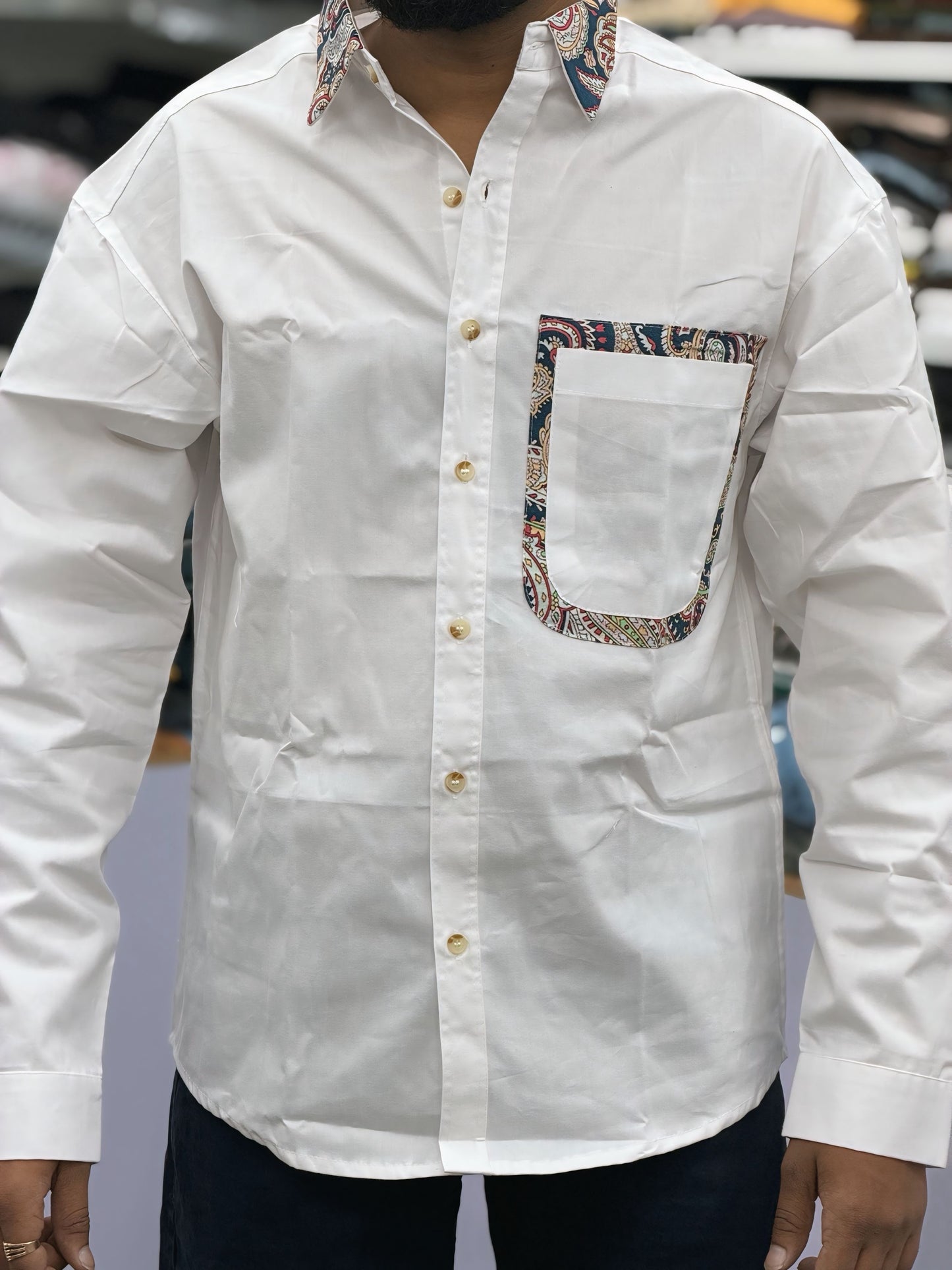 Men’s White Cotton Shirt with Paisley Contrast Pocket – Premium Stylish Casual Shirt