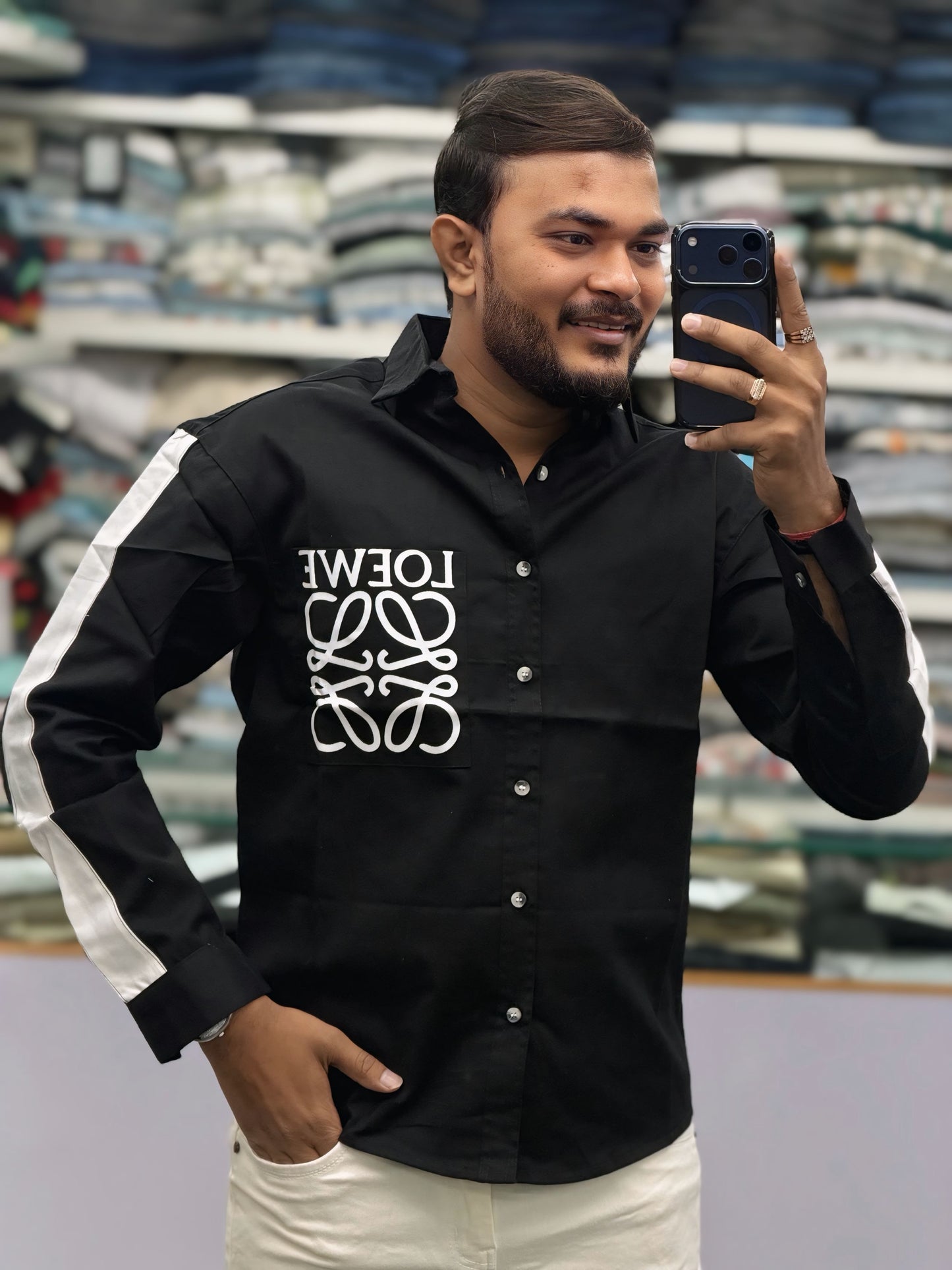 Men’s Black Graphic Print Shirt with White Sleeve Stripe – Stylish Street Style Cotton Shirt