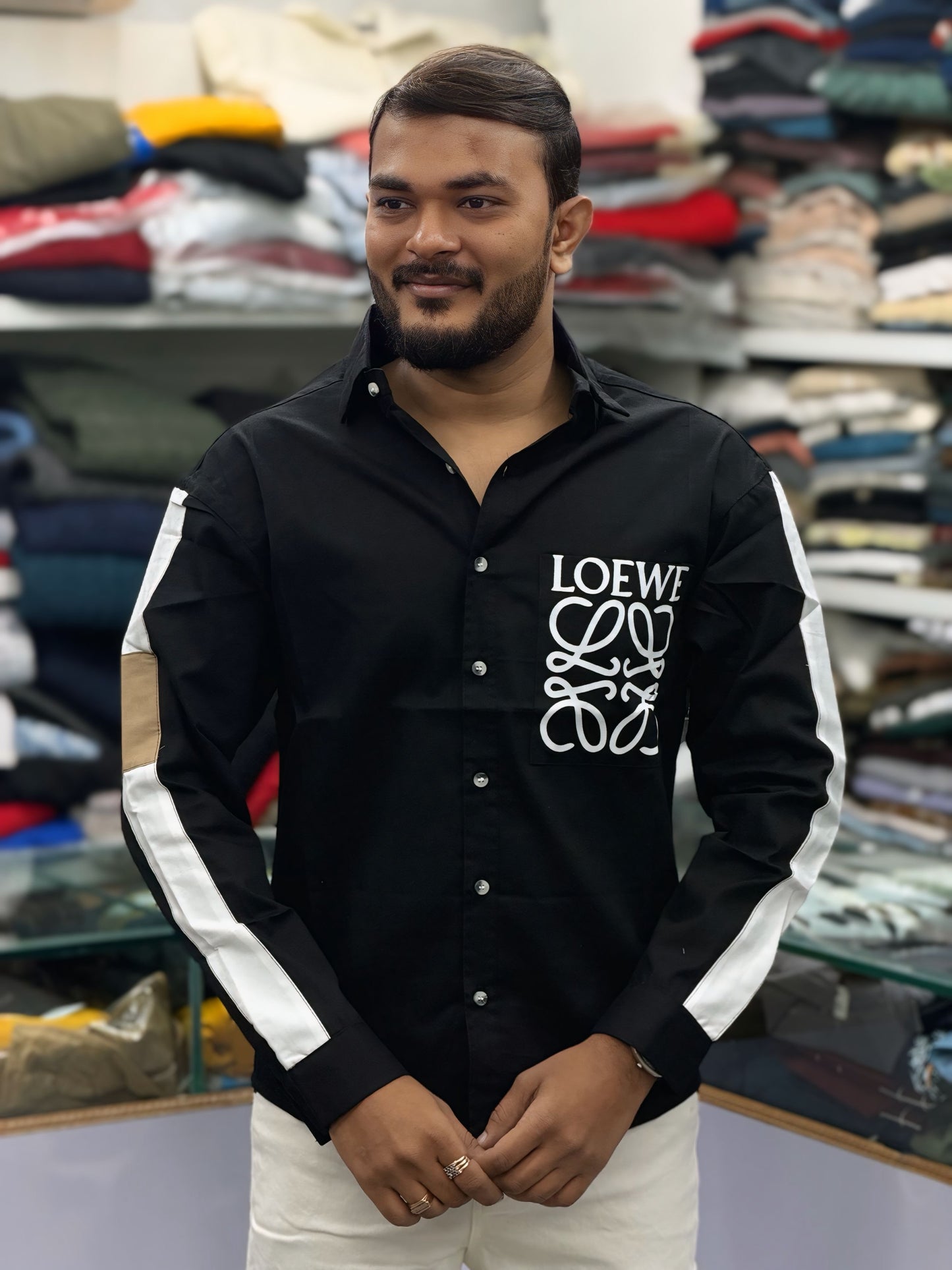 Men’s Black Graphic Print Shirt with White Sleeve Stripe – Stylish Street Style Cotton Shirt