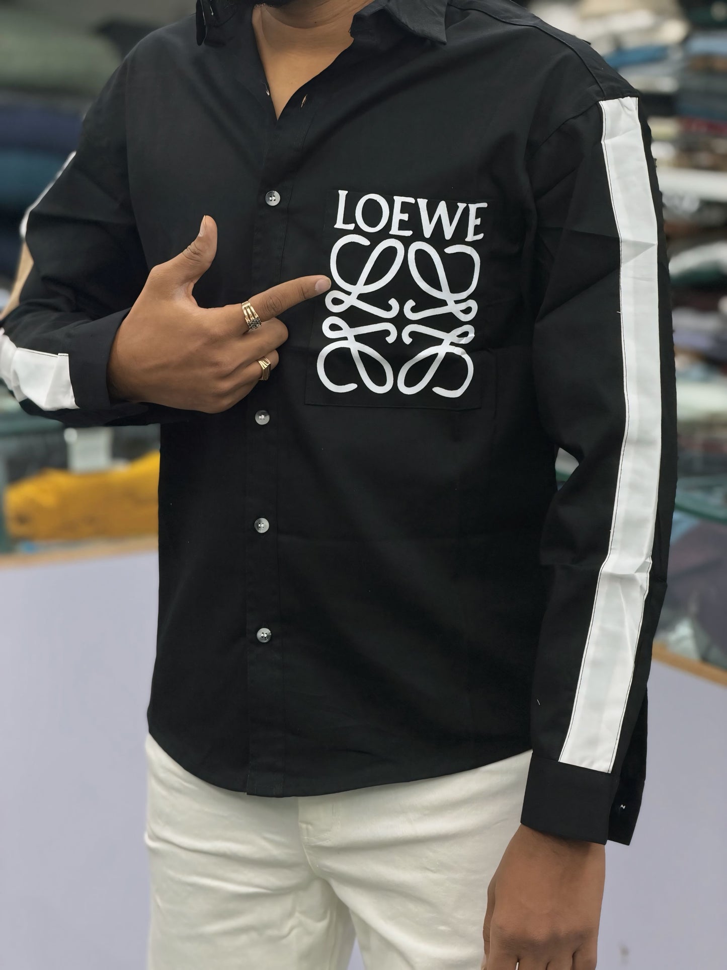 Men’s Black Graphic Print Shirt with White Sleeve Stripe – Stylish Street Style Cotton Shirt