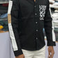 Men’s Black Graphic Print Shirt with White Sleeve Stripe – Stylish Street Style Cotton Shirt