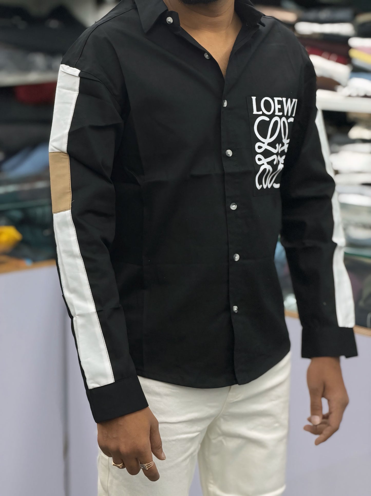 Men’s Black Graphic Print Shirt with White Sleeve Stripe – Stylish Street Style Cotton Shirt