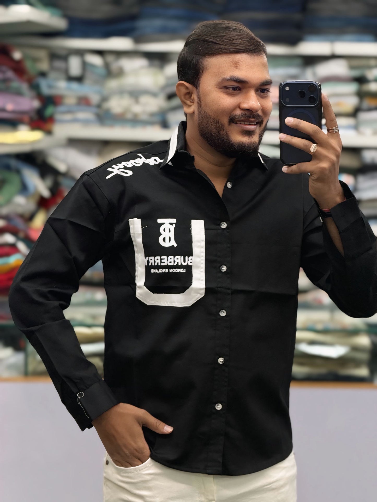 Men’s Black Graphic Print Shirt with Contrast Pocket – Stylish Street Style Cotton Shirt