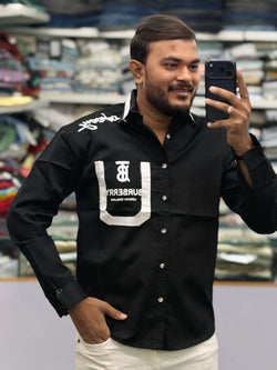 Men’s Black Graphic Print Shirt with Contrast Pocket – Stylish Street Style Cotton Shirt