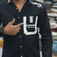 Men’s Black Graphic Print Shirt with Contrast Pocket – Stylish Street Style Cotton Shirt