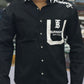 Men’s Black Graphic Print Shirt with Contrast Pocket – Stylish Street Style Cotton Shirt