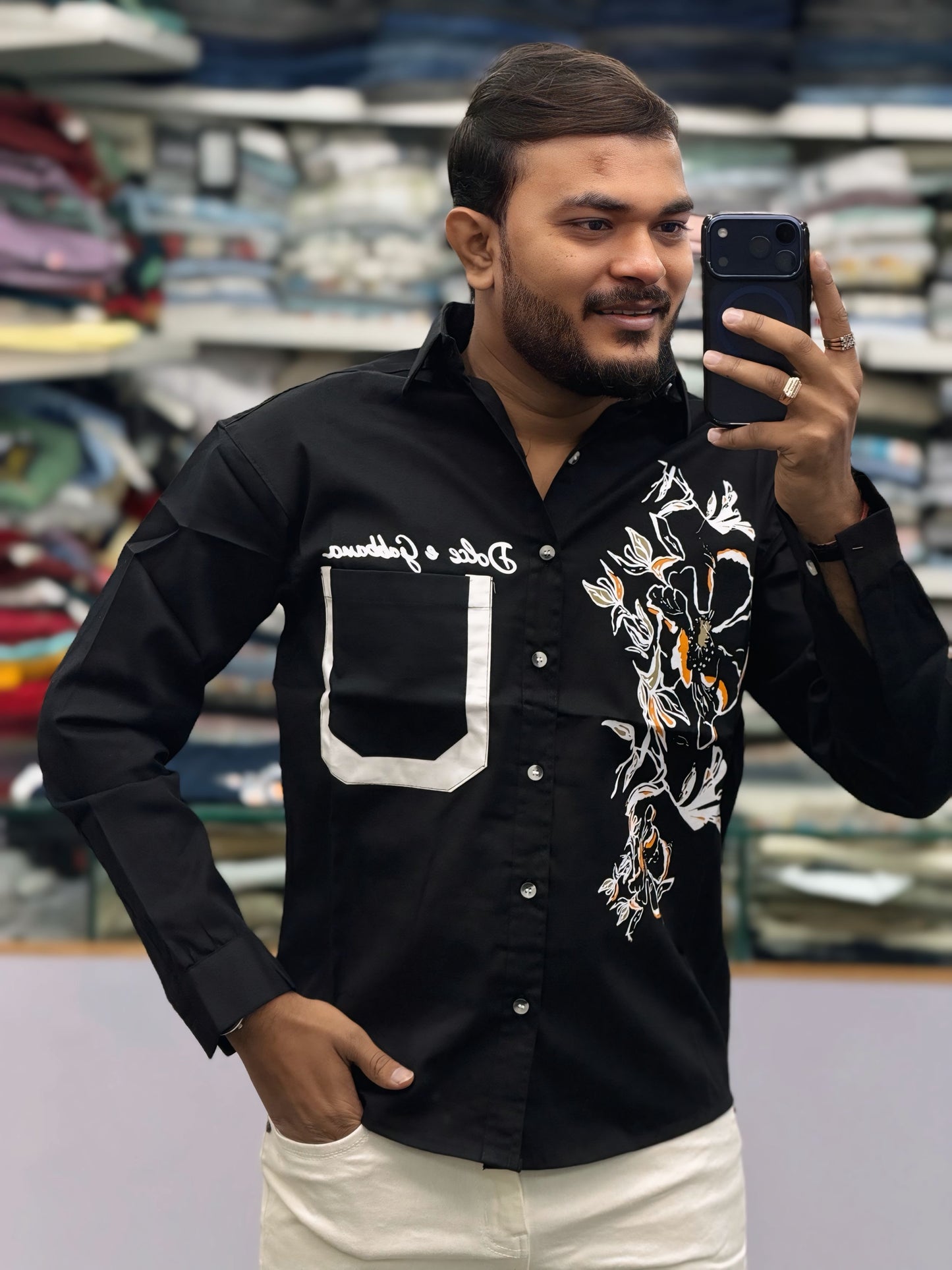 Men’s Black Floral Graphic Print Shirt with Contrast Pocket – Stylish Casual Designer Shirt