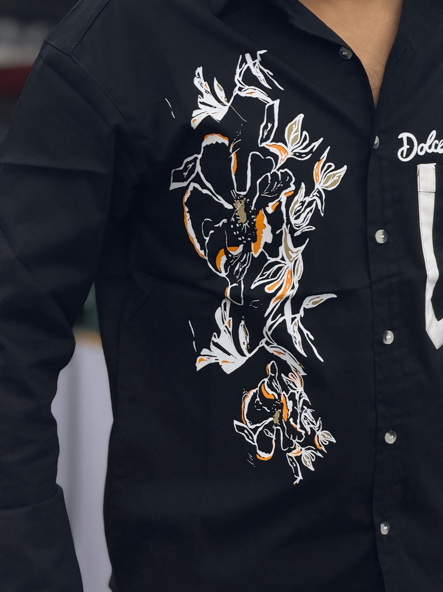 Men’s Black Floral Graphic Print Shirt with Contrast Pocket – Stylish Casual Designer Shirt